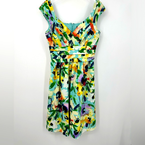 Adrianna Papell Colorful Floral Dress Womens 4 Sleeveless Teal Blue Yellow - Picture 1 of 8